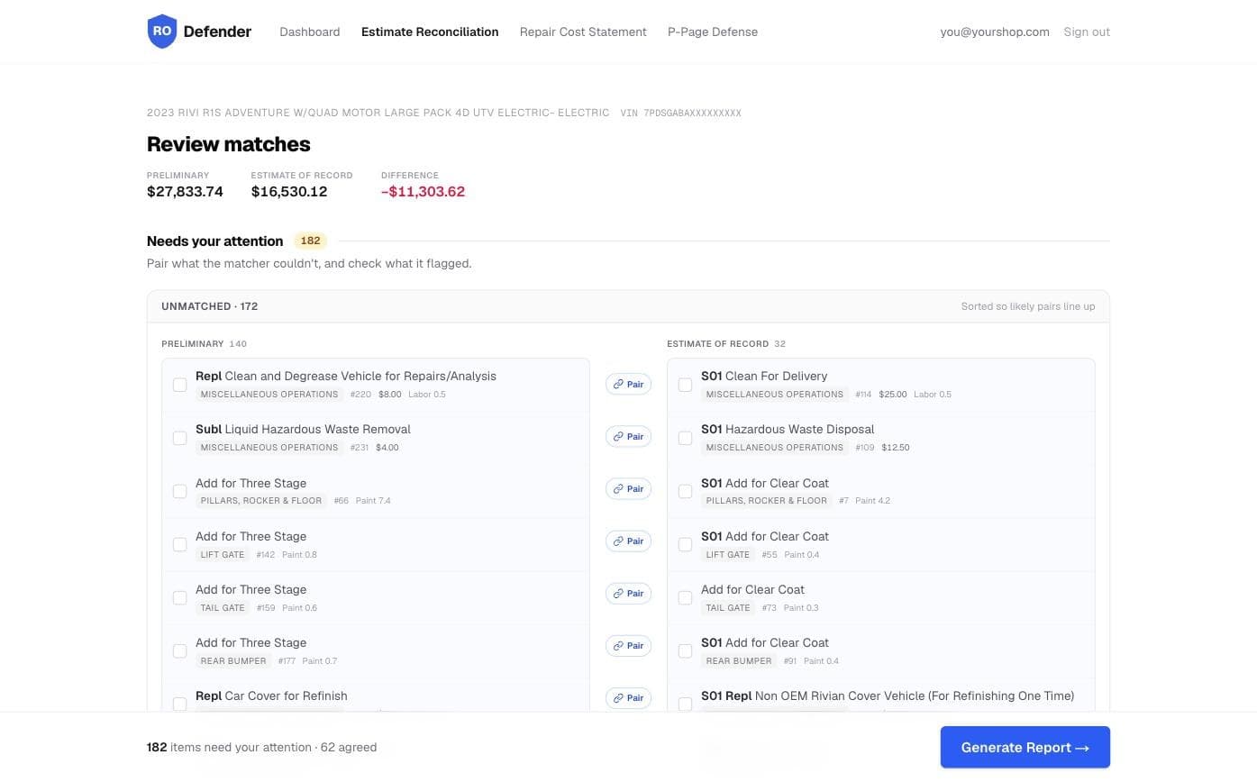 The review screen: a −$11,303.62 difference above 172 unmatched lines from both estimates, with pairing controls