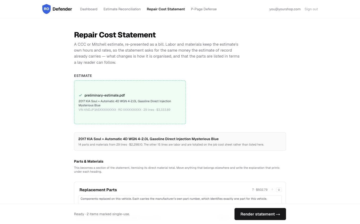 The estimate parsed into editable Parts and Materials sections