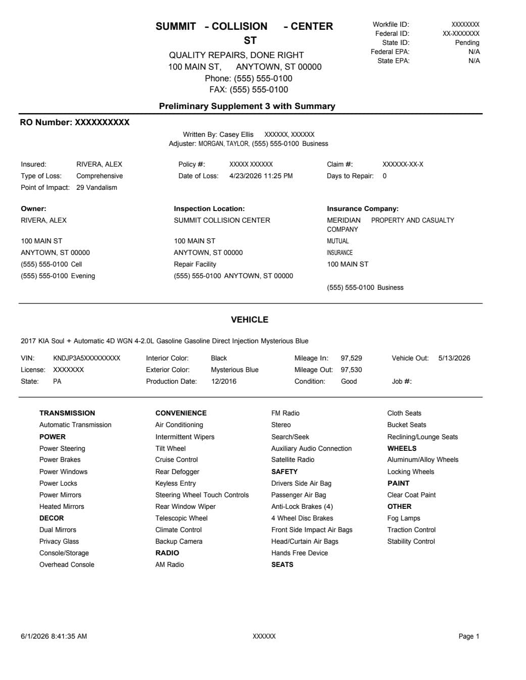 Estimate page one: the shop's letterhead, claim and policy fields, the vehicle, and a long equipment list