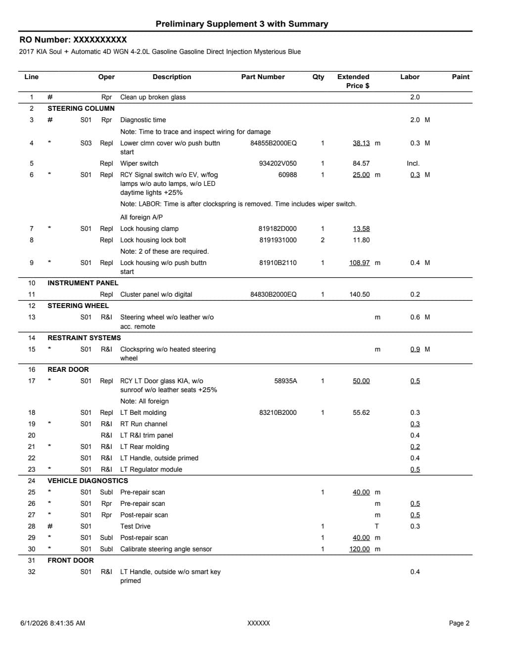 Estimate page two: the line-item table of coded operations, part numbers, and labor and paint columns