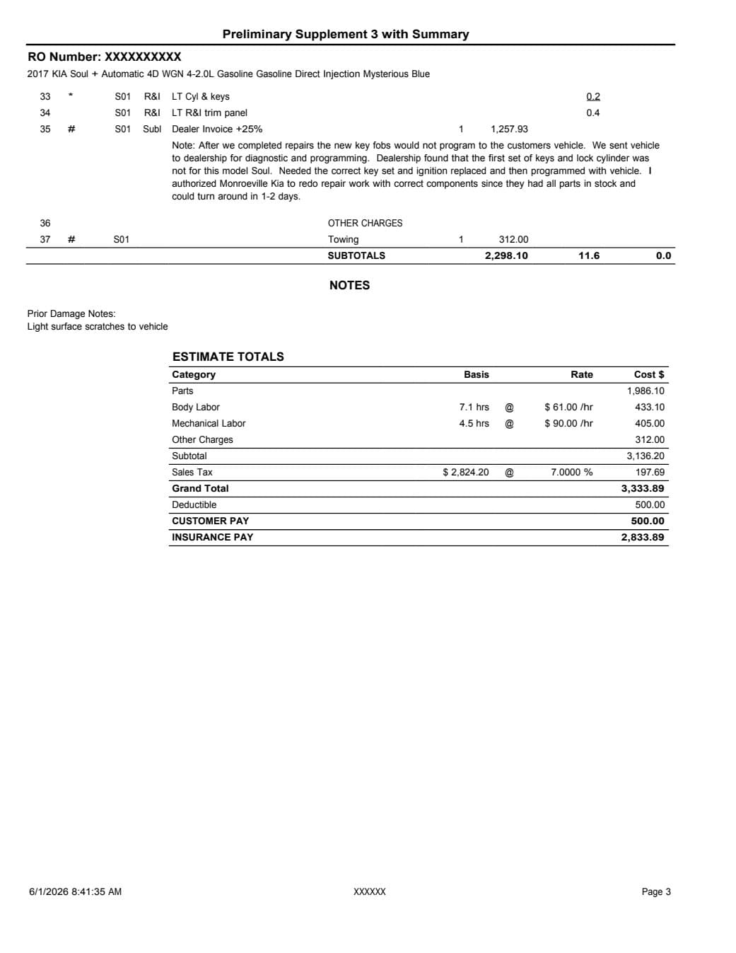 Estimate page three: the rest of the line items, the notes, and the estimate totals