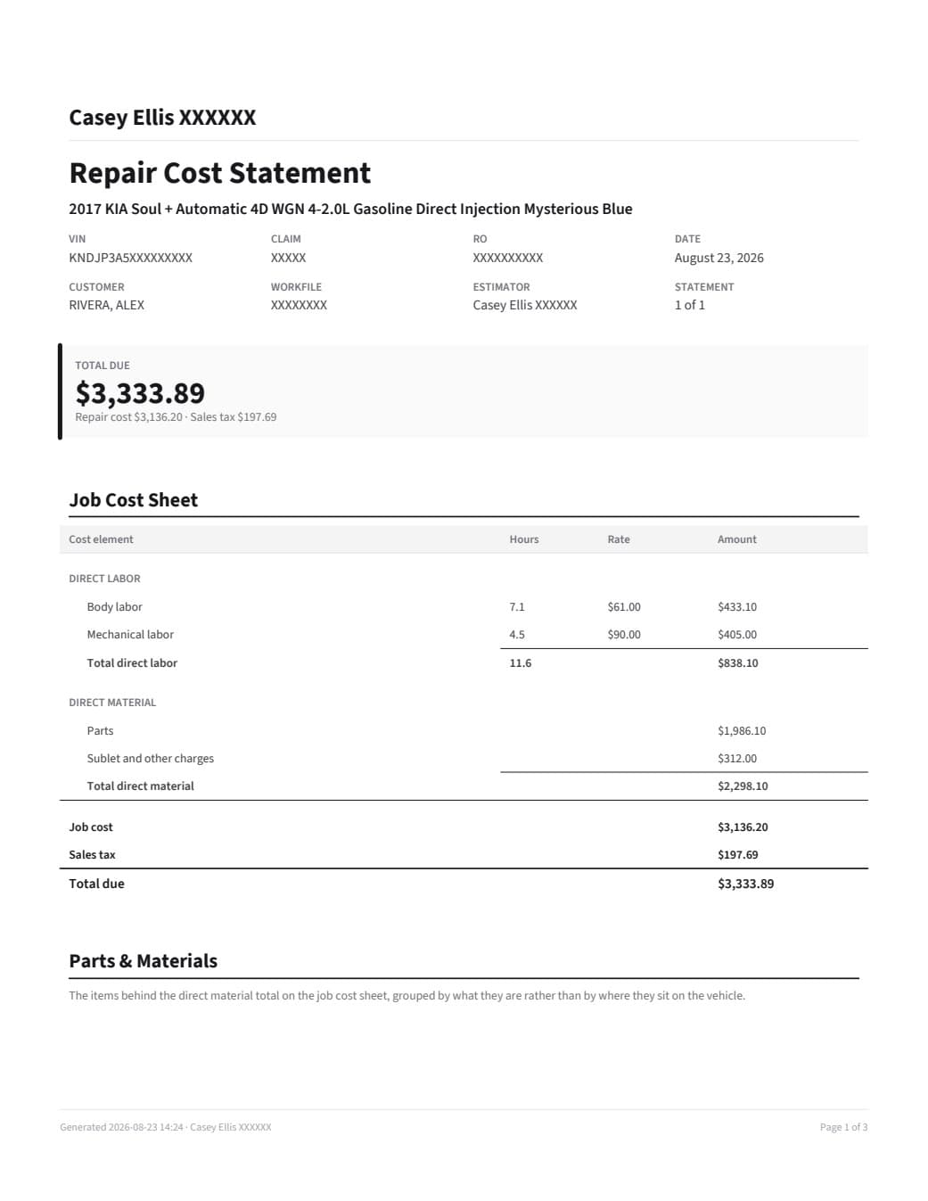 Statement page one: the total due over a job cost sheet listing direct labor, direct material, job cost and sales tax