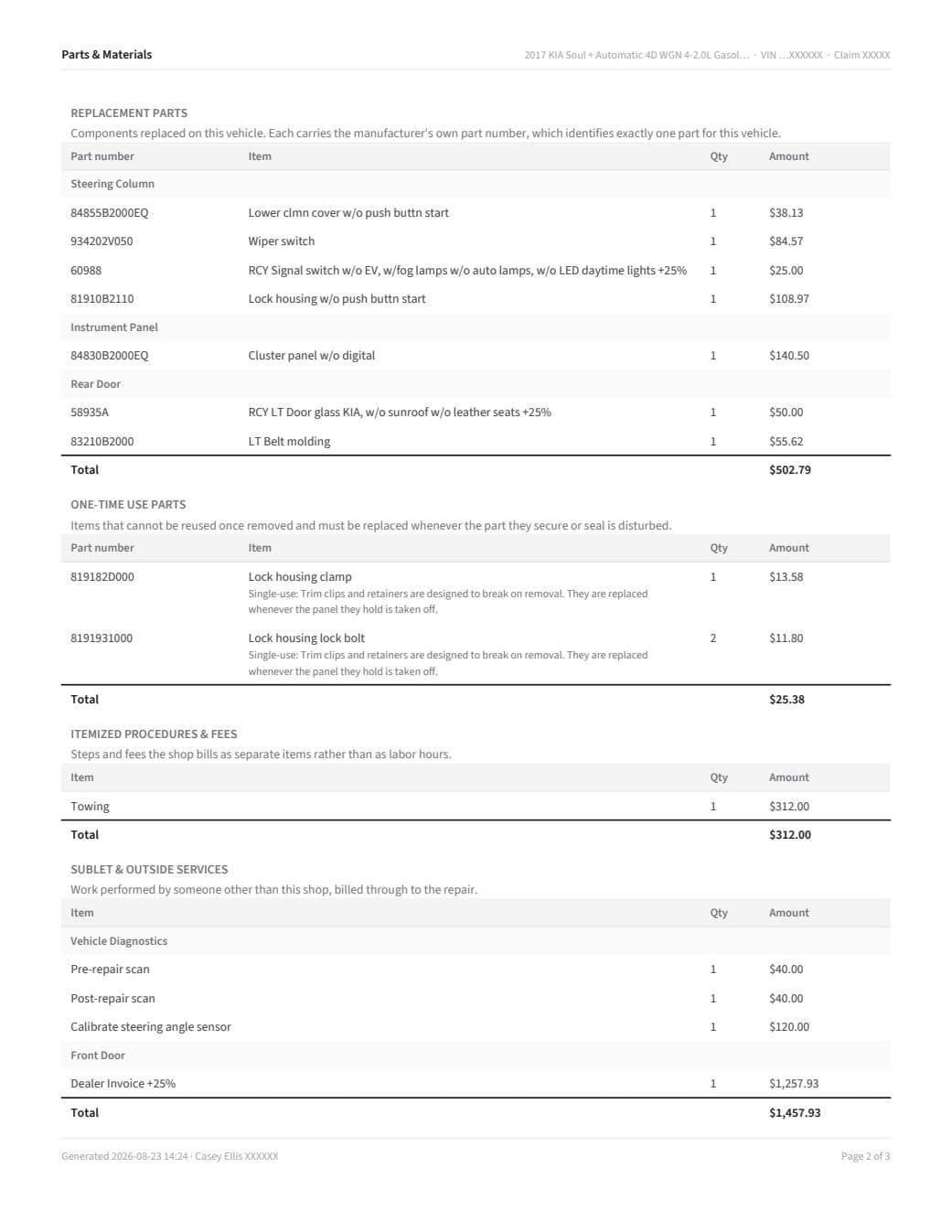 Statement page two: Parts & Materials, itemised into replacement parts, one-time use parts, procedures and fees, and sublet