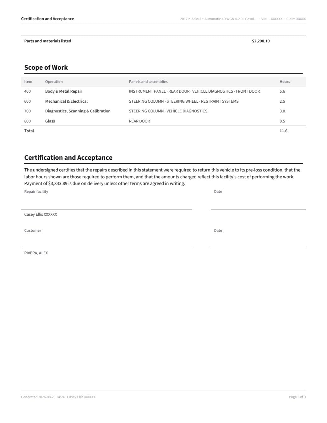 Statement page three: the scope of work by operation, and a certification and acceptance block with signature lines